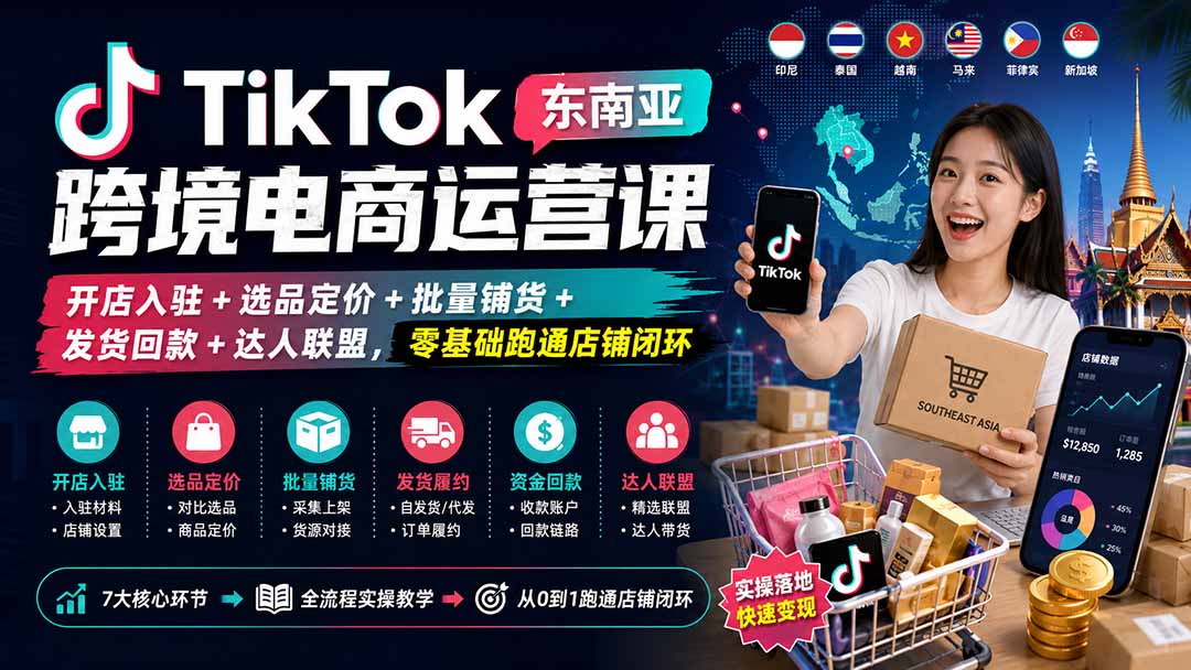 (20059期)TikTok东南亚跨境电商运营课:开店入驻+选品定价+批量铺货+发货回款+达人联盟,零基础跑通店铺闭环网创吧-网创项目资源站-副业项目-创业项目-搞钱项目网创吧