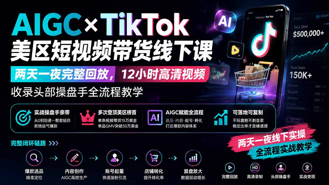 (19778期)AIGC×TikTok美区短视频带货线下课;两天一夜完整回放,12小时高清视频收录头部操盘手全流程教学网创吧-网创项目资源站-副业项目-创业项目-搞钱项目网创吧