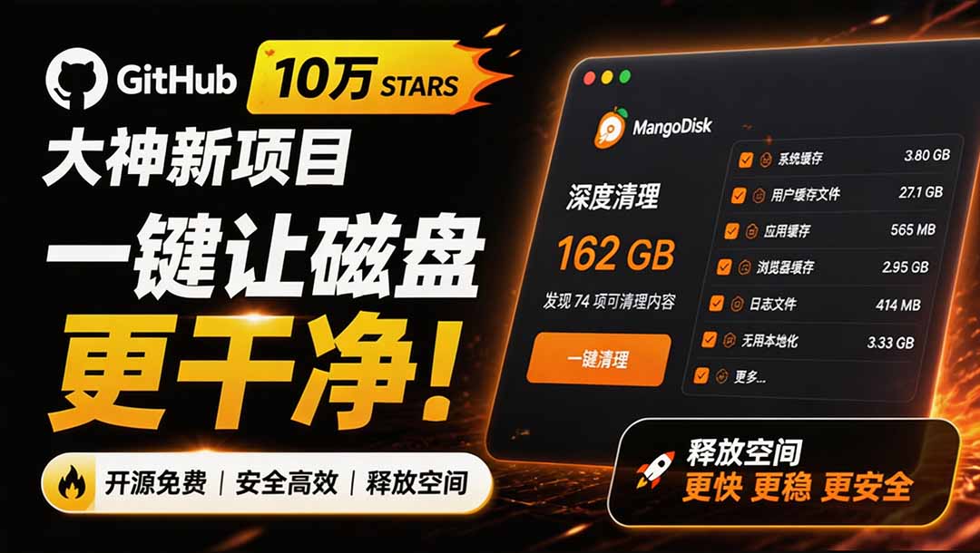 (19894期)在Gtihub上做出10万 stars 的大神,又发布新项目了!一键让磁盘更干净,开源免费清理工具 MangoDisk网创吧-网创项目资源站-副业项目-创业项目-搞钱项目网创吧