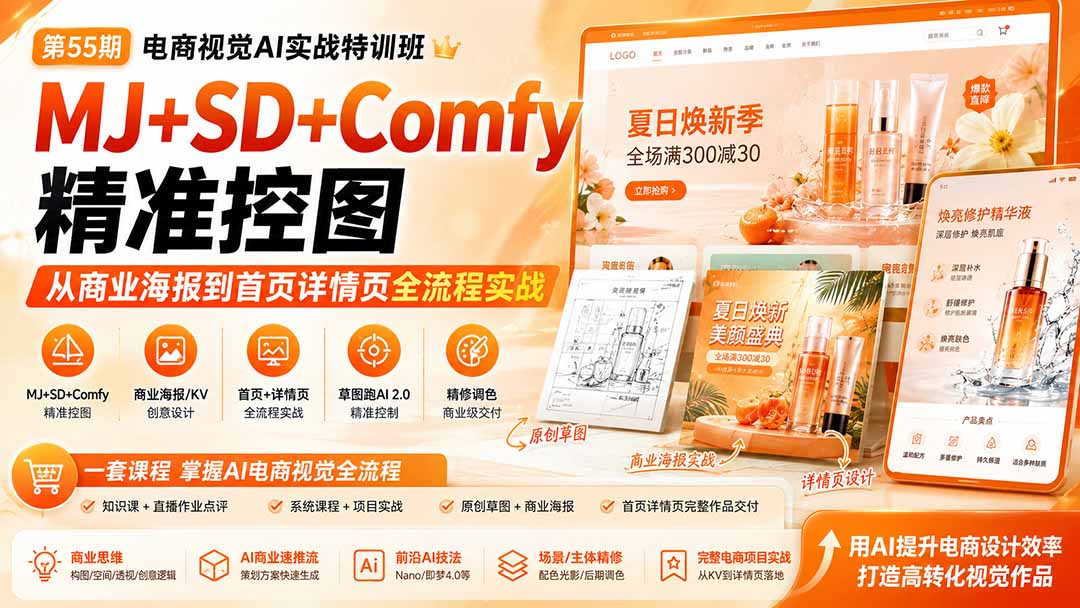 (20027期)电商视觉 AI实战训练营第55期:MJ+SD+Comfy精准控图,从商业海报到首页详情页全流程实战网创吧-网创项目资源站-副业项目-创业项目-搞钱项目网创吧