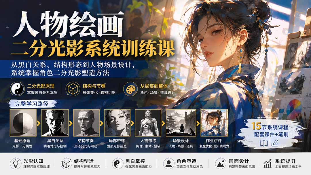 (20141期)人物绘画二分光影系统训练课:从黑白关系、结构形态到人物场景设计,系统掌握角色二分光影塑造方法网创吧-网创项目资源站-副业项目-创业项目-搞钱项目网创吧