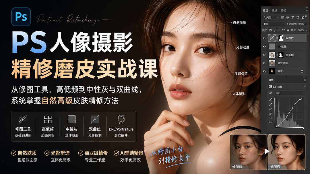 (20061期)PS人像摄影精修磨皮实战课:从修图工具、高低频到中性灰与双曲线,系统掌握自然高级皮肤精修方法网创吧-网创项目资源站-副业项目-创业项目-搞钱项目网创吧