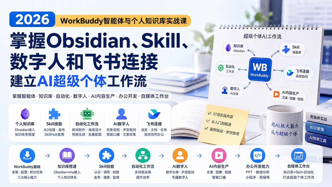 (20169期)2026 WorkBuddy智能体与个人知识库实战课:掌握Obsidian、Skill、数字人和飞书连接,建立AI超级个体工作流网创吧-网创项目资源站-副业项目-创业项目-搞钱项目网创吧
