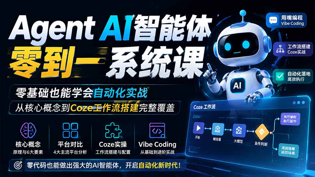 (19753期)Agent AI智能体零到一系统课;零基础也能学会自动化实战,从核心概念到Coze工作流搭建完整覆盖网创吧-网创项目资源站-副业项目-创业项目-搞钱项目网创吧