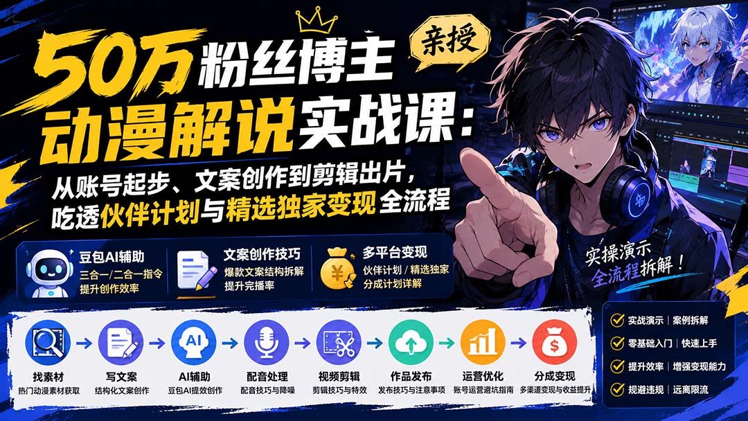 (20144期)50万粉丝博主亲授动漫解说实战课:从账号起步、文案创作到剪辑出片,吃透伙伴计划与精选独家变现全流程网创吧-网创项目资源站-副业项目-创业项目-搞钱项目网创吧