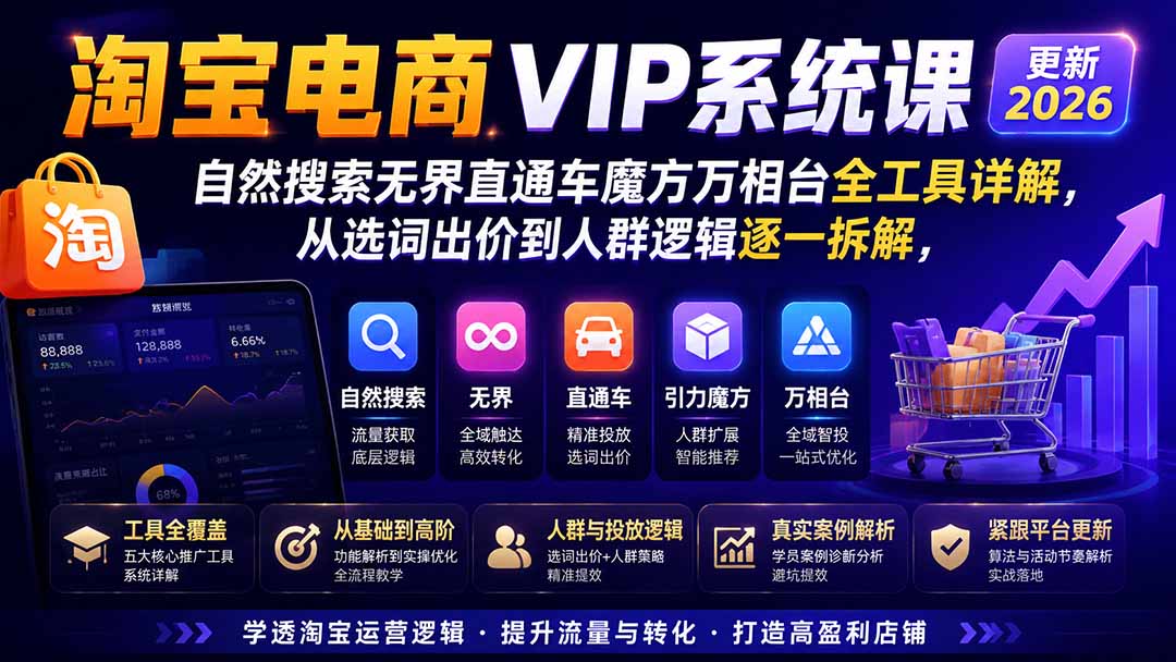 (20094期)2026淘宝电商终局之战VIP课-更新:自然搜索+直通车+无界+精准人群,系统掌握测款动销与全店推广布局方法网创吧-网创项目资源站-副业项目-创业项目-搞钱项目网创吧