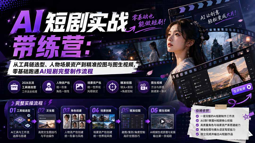 (20064期)AI短剧实战训练营:从工具链选型、人物场景资产到精准控图与图生视频,零基础跑通AI短剧完整制作流程网创吧-网创项目资源站-副业项目-创业项目-搞钱项目网创吧