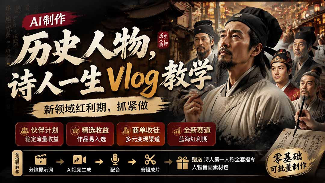 (19758期)历史人物,诗人一生Vlog教学, AI制作丨伙伴计划丨精选收益丨商单收徒 ,新领域红利期,抓紧做网创吧-网创项目资源站-副业项目-创业项目-搞钱项目网创吧