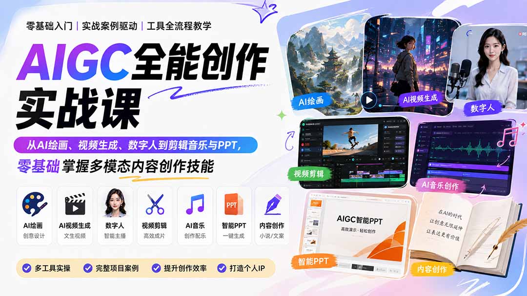(20065期)AIGC全能创作实战课:从AI绘画、视频生成、数字人到剪辑音乐与PPT,零基础掌握多模态内容创作技能网创吧-网创项目资源站-副业项目-创业项目-搞钱项目网创吧