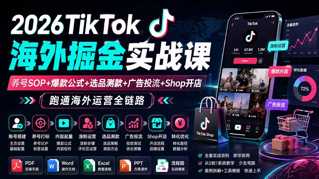 （19973期）2026TikTok海外掘金实战课——养号SOP+爆款公式+选品测款+广告投流+Shop开店，跑通海外运营全链路网创吧-网创项目资源站-副业项目-创业项目-搞钱项目网创吧