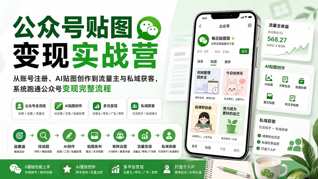 (20120期)公众号贴图变现实战营:从账号注册、AI贴图创作到流量主与私域获客,系统跑通公众号变现完整流程网创吧-网创项目资源站-副业项目-创业项目-搞钱项目网创吧