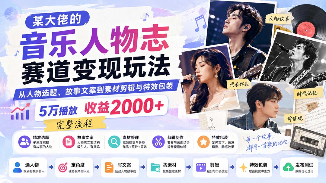 (20121期)某大佬的音乐人物志赛道变现玩法:从人物选题、故事文案到素材剪辑与特效包装,5万播放收益2000+完整流程网创吧-网创项目资源站-副业项目-创业项目-搞钱项目网创吧