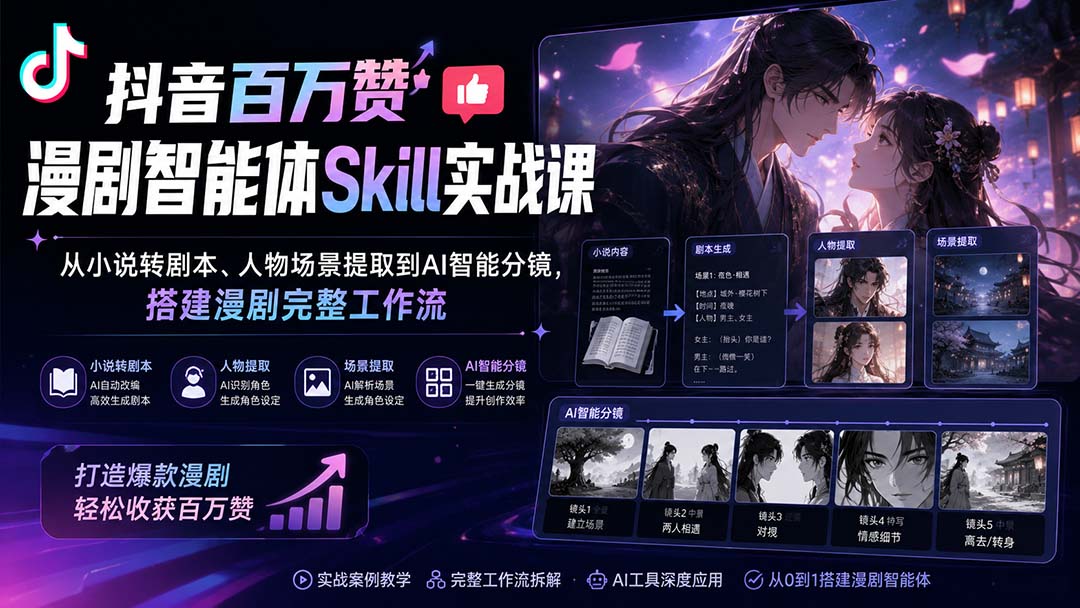 (20172期)抖音百万赞漫剧智能体Skill实战课:从小说转剧本、人物场景提取到AI智能分镜,搭建漫剧完整工作流网创吧-网创项目资源站-副业项目-创业项目-搞钱项目网创吧