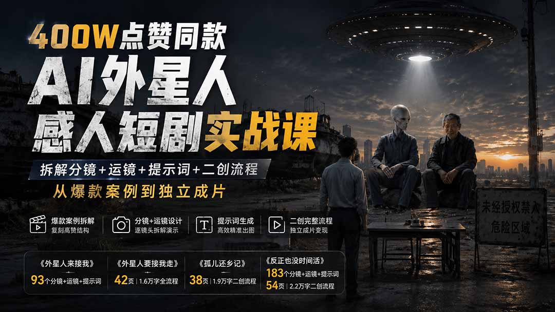 (20052期)400W点赞同款AI外星人感人短剧实战课:拆解分镜+运镜+提示词+二创流程,从爆款案例到独立成片网创吧-网创项目资源站-副业项目-创业项目-搞钱项目网创吧