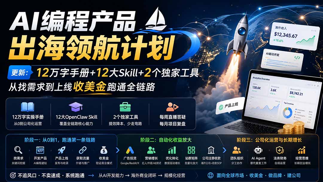 (20099期)AI编程产品出海领航计划-更新:12万字手册+12大Skill+2个独家工具,从找需求到上线收美金跑通全链路网创吧-网创项目资源站-副业项目-创业项目-搞钱项目网创吧