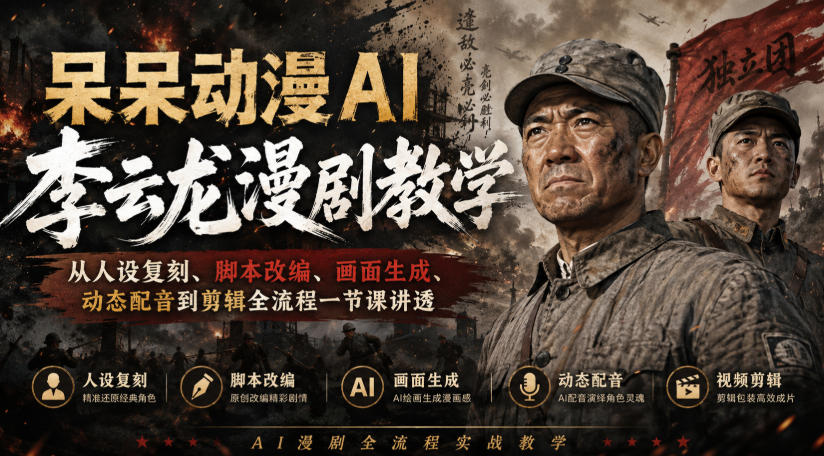 呆呆动漫AI李云龙漫剧教学,从人设复刻、脚本改编、画面生成、动态配音到剪辑全流程一节课讲透网创吧-网创项目资源站-副业项目-创业项目-搞钱项目网创吧