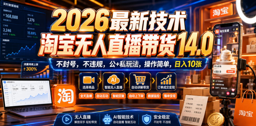 2026最新技术，淘宝无人直播带货14.0，不封号，不违规，公+私玩法，操作简单，日入10张【揭秘】网创吧-网创项目资源站-副业项目-创业项目-搞钱项目网创吧