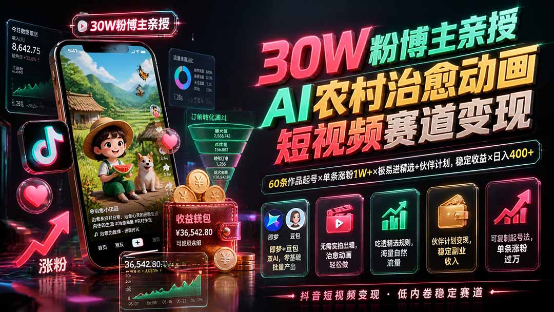 (19648期)30W粉博主亲授AI农村治愈动画短视频赛道变现:60条作品起号×单条涨粉1W+×极易进精选+伙伴计划,稳定收益×日入400+网创吧-网创项目资源站-副业项目-创业项目-搞钱项目网创吧