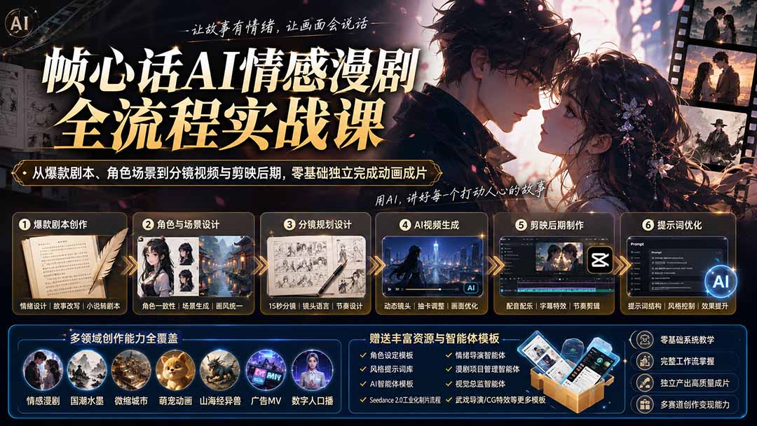 （20036期）帧心话AI情感漫剧全流程实战课：从爆款剧本、角色场景到分镜视频与剪映后期，零基础独立完成动画成片网创吧-网创项目资源站-副业项目-创业项目-搞钱项目网创吧