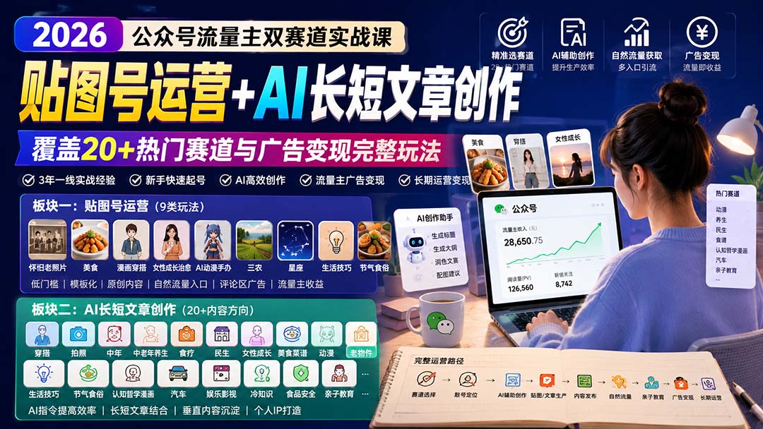 (20153期)公众号流量主双赛道实战课:贴图号运营+AI长短文章创作,覆盖20+热门赛道与广告变现完整玩法网创吧-网创项目资源站-副业项目-创业项目-搞钱项目网创吧