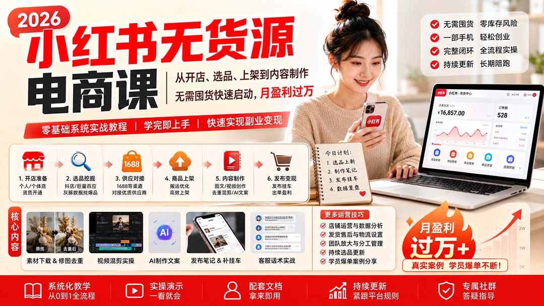 (20154期)小红书无货源电商课(8月30更新):从开店、选品、上架到内容制作,无需囤货快速启动,月盈利过万网创吧-网创项目资源站-副业项目-创业项目-搞钱项目网创吧