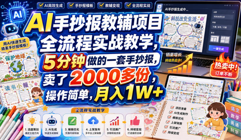 AI手抄报教辅项目全流程实战教学,5分钟做的一套手抄报,卖了2000多份,操作简单,月入1W+网创吧-网创项目资源站-副业项目-创业项目-搞钱项目网创吧
