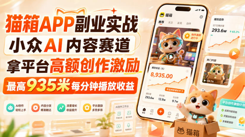 猫箱APP副业实战,小众AI内容赛道,拿平台高额创作激励,最高935米每分钟播放收益网创吧-网创项目资源站-副业项目-创业项目-搞钱项目网创吧