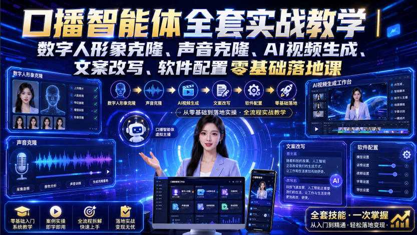 口播智能体全套实战教学|数字人形象克隆、声音克隆、AI视频生成、文案改写、软件配置零基础落地课网创吧-网创项目资源站-副业项目-创业项目-搞钱项目网创吧
