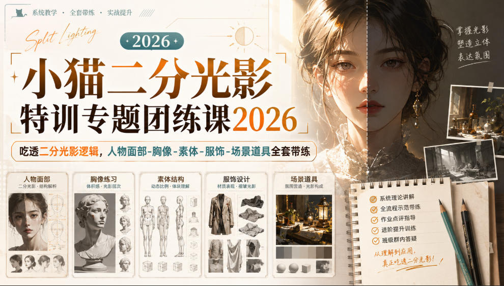 小猫二分光影特训专题团练课2026|吃透二分光影逻辑,人物面部‑胸像‑素体‑服饰‑场景道具全套带练,高清画质附赠课件与笔刷网创吧-网创项目资源站-副业项目-创业项目-搞钱项目网创吧