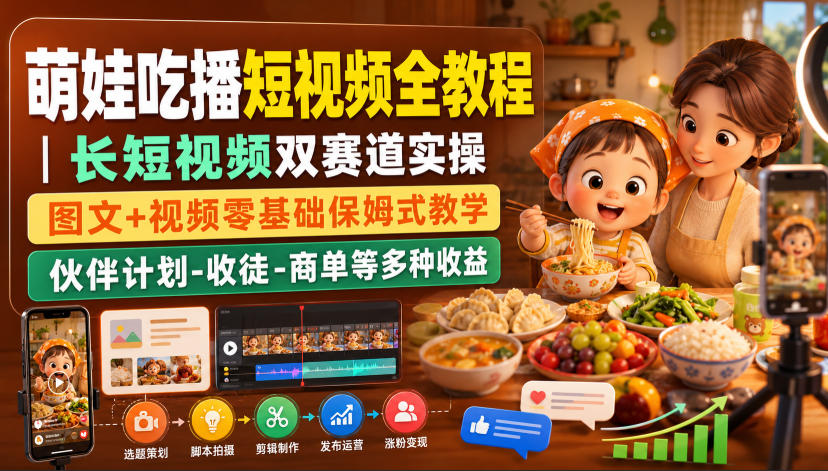 萌娃吃播短视频全教程|长短视频双赛道实操,图文+视频零基础保姆式教学,伙伴计划-收徒-商单等多种变现方式网创吧-网创项目资源站-副业项目-创业项目-搞钱项目网创吧