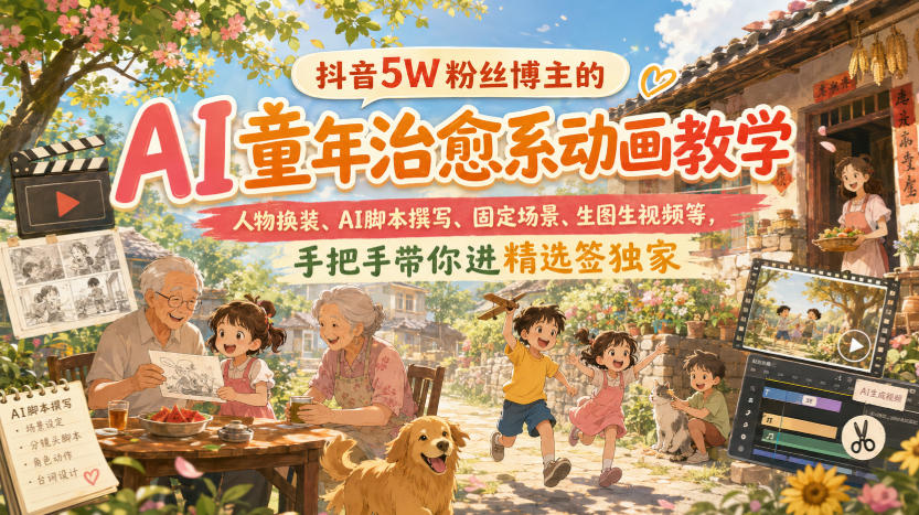 抖音5W粉丝博主的AI童年治愈系动画教学,人物换装、AI脚本撰写、固定场景、生图生视频等,手把手带你进精选签独家网创吧-网创项目资源站-副业项目-创业项目-搞钱项目网创吧