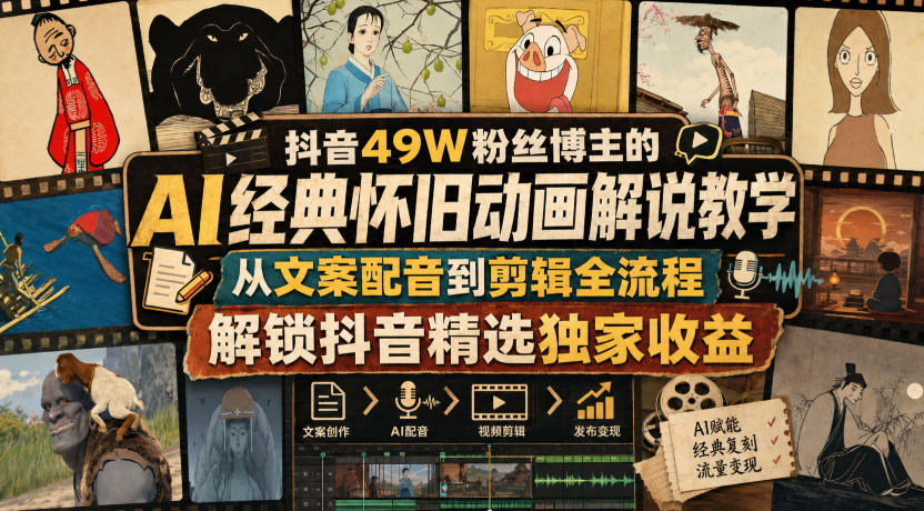 抖音49W粉丝博主的AI经典怀旧动画解说教学,从文案配音到剪辑全流程,解锁抖音精选独家收益网创吧-网创项目资源站-副业项目-创业项目-搞钱项目网创吧
