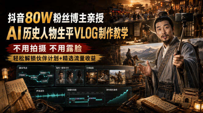 抖音80W粉丝博主的AI历史人物生平VLOG教学,不用拍摄不用露脸,AI帮你搞定,轻松解锁伙伴计划+精选收益网创吧-网创项目资源站-副业项目-创业项目-搞钱项目网创吧