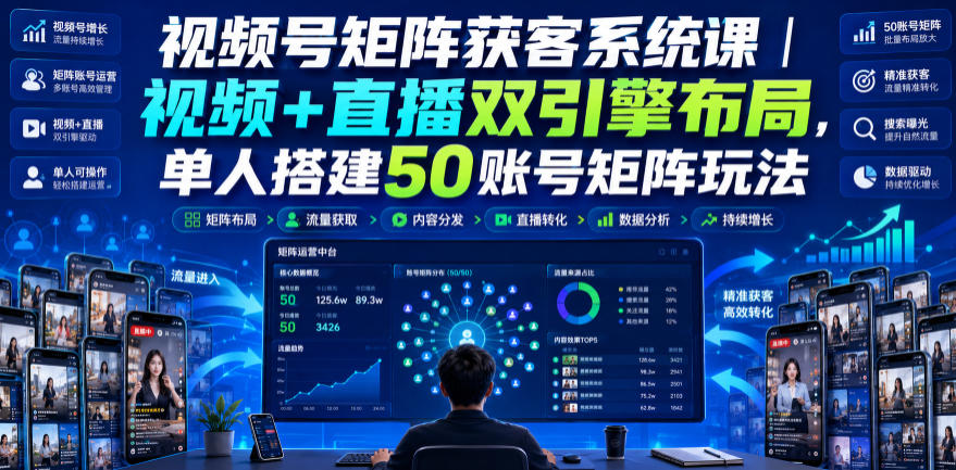 视频号矩阵获客系统课｜视频+直播双引擎布局，单人搭建50账号矩阵玩法，流量入池、搜索占位、全域引流沉淀私域全流程教学网创吧-网创项目资源站-副业项目-创业项目-搞钱项目网创吧
