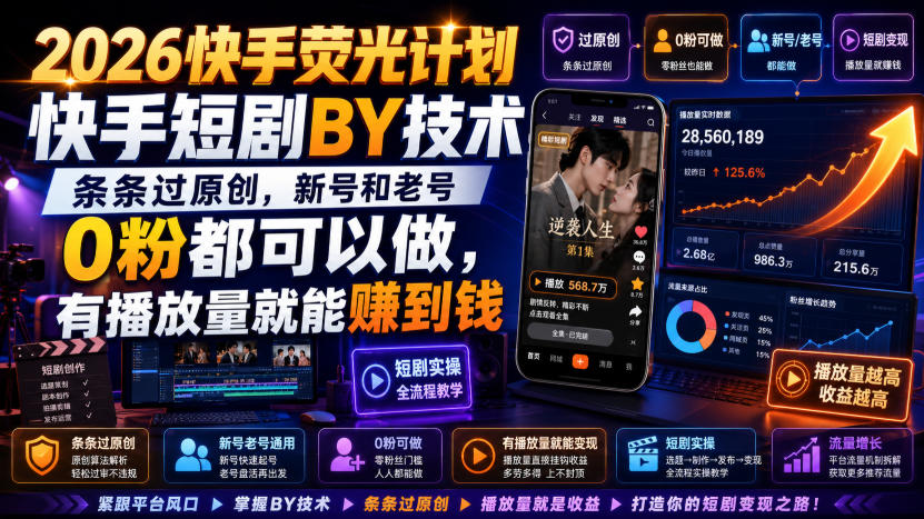 2026快手荧光计划,快手短剧搬运技术,条条过原创,新号和老号0粉都可以做,有播放量就能賺到钱网创吧-网创项目资源站-副业项目-创业项目-搞钱项目网创吧