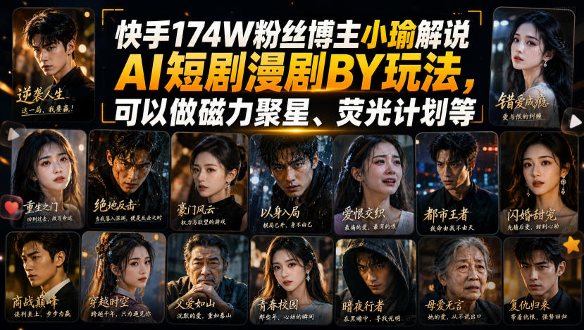 快手174W粉丝博主小瑜解说AI短剧漫剧搬运玩法,可以做磁力聚星、荧光计划等网创吧-网创项目资源站-副业项目-创业项目-搞钱项目网创吧