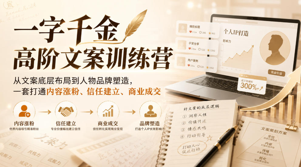 一字千金高阶文案训练营,从文案底层布局到人物品牌塑造,一套打通内容涨粉、信任建立、商业成交网创吧-网创项目资源站-副业项目-创业项目-搞钱项目网创吧