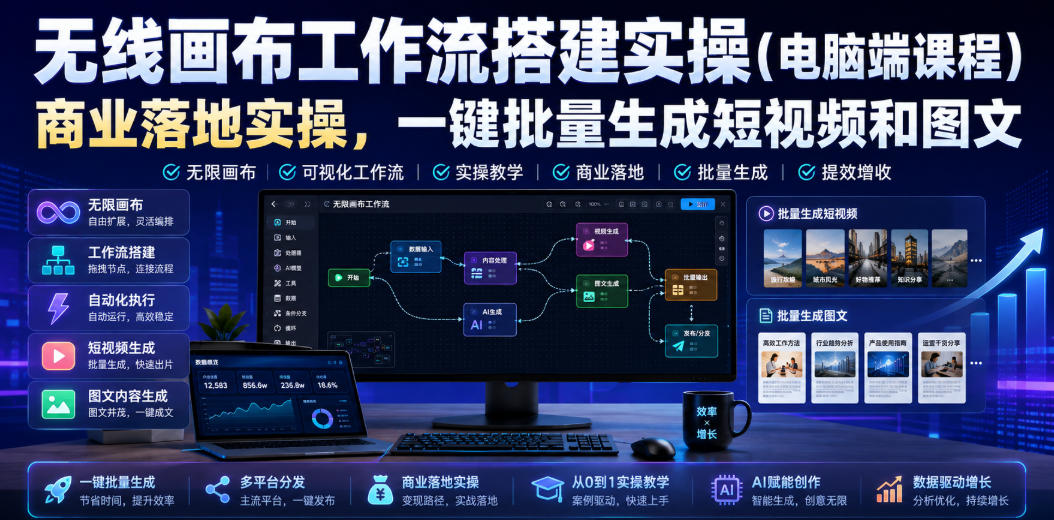 无线画布工作流搭建实操（电脑端课程），商业落地实操，一键批量生成短视频和图文网创吧-网创项目资源站-副业项目-创业项目-搞钱项目网创吧