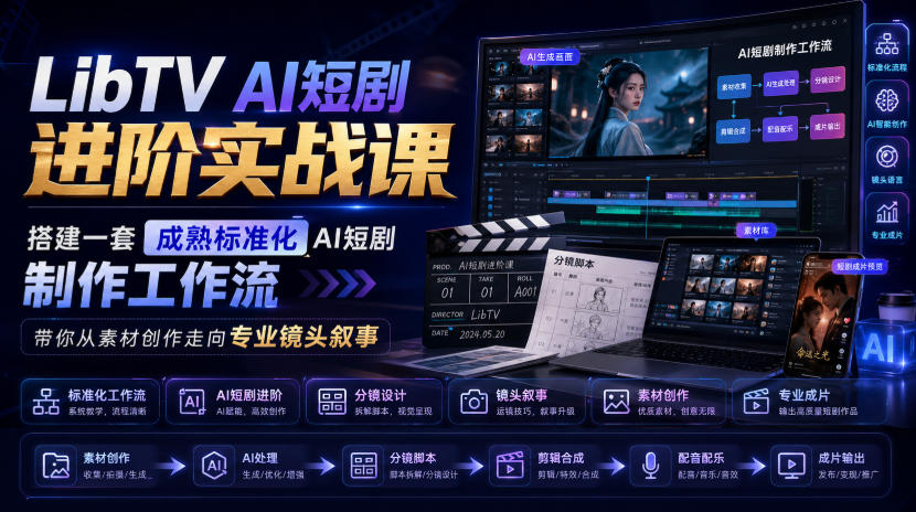 LibTV AI短剧进阶实战课,搭建一套成熟标准化AI短剧制作工作流,带你从素材创作走向专业镜头叙事网创吧-网创项目资源站-副业项目-创业项目-搞钱项目网创吧