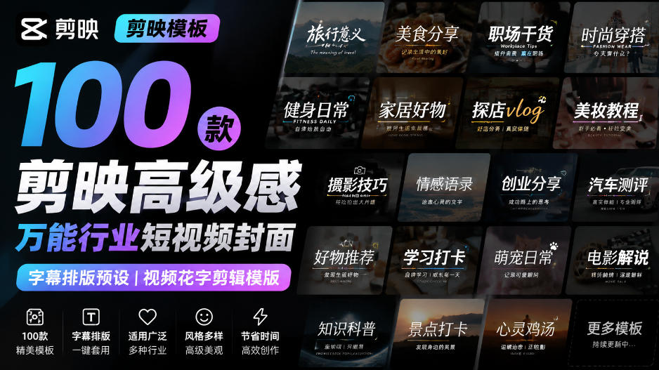 【剪映模板】100款剪映高级感万能行业短视频封面字幕排版预设视频花字剪辑模版网创吧-网创项目资源站-副业项目-创业项目-搞钱项目网创吧