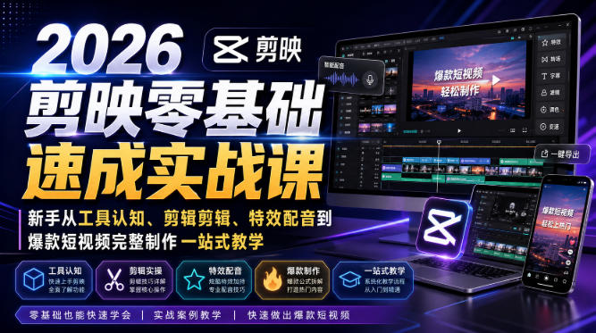 2026剪映零基础速成实战课|新手从工具认知、剪辑剪辑、特效配音到爆款短视频完整制作一站式教学网创吧-网创项目资源站-副业项目-创业项目-搞钱项目网创吧