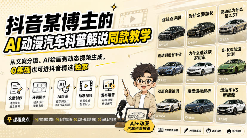 抖音某博主的AI动漫汽车科普解说同款教学,从文案分镜、AI绘画到动态视频生成,0基础解锁抖音精选独家收益网创吧-网创项目资源站-副业项目-创业项目-搞钱项目网创吧
