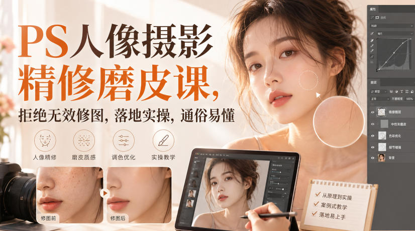 PS人像摄影精修磨皮课,拒绝无效修图,落地实操,通俗易懂网创吧-网创项目资源站-副业项目-创业项目-搞钱项目网创吧