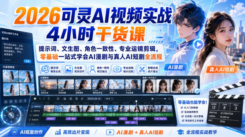 2026可灵AI视频实战4小时干货课|提示词、文生图、角色一致性、专业运镜剪辑,零基础一站式学会AI漫剧与真人AI短剧全流程网创吧-网创项目资源站-副业项目-创业项目-搞钱项目网创吧