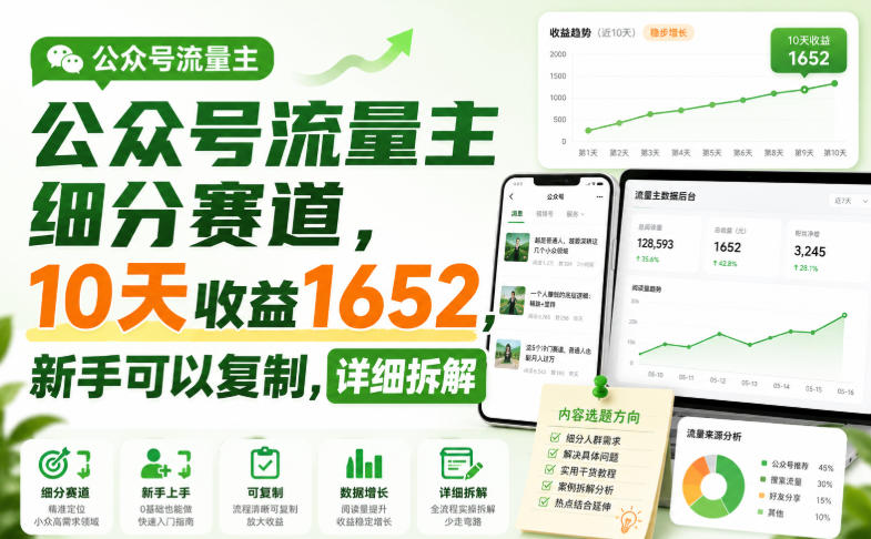 公众号流量主细分赛道,10天收益1652,新手可以复制,详细拆解网创吧-网创项目资源站-副业项目-创业项目-搞钱项目网创吧