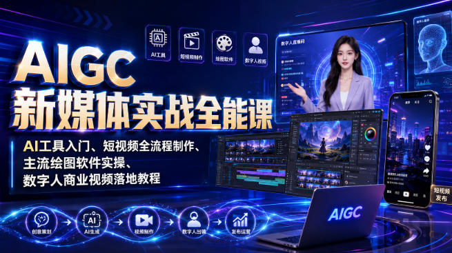 AIGC新媒体实战全能课|AI工具入门、短视频全流程制作、主流绘图软件实操、数字人商业视频落地教程网创吧-网创项目资源站-副业项目-创业项目-搞钱项目网创吧