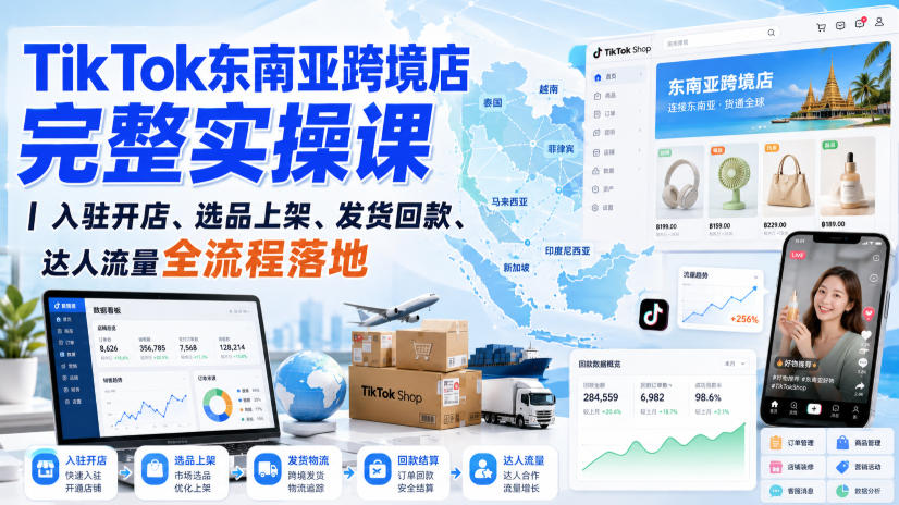 TikTok东南亚跨境店完整实操课|入驻开店、选品上架、发货回款、达人流量全流程落地网创吧-网创项目资源站-副业项目-创业项目-搞钱项目网创吧