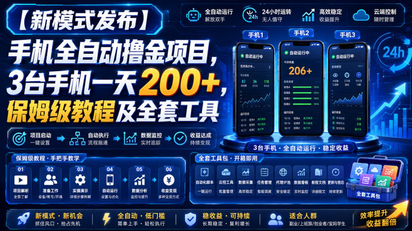 【新模式发布】手机全自动撸金项目,3台手机一天200+,保姆级教程及全套工具【揭秘】网创吧-网创项目资源站-副业项目-创业项目-搞钱项目网创吧