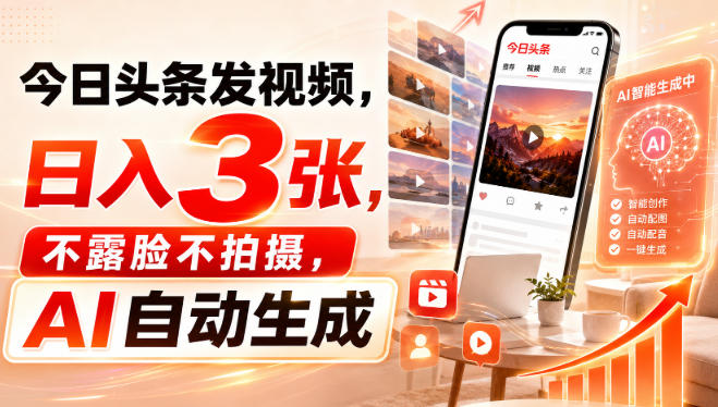 今日头条发视频，日入3张，不露脸不拍摄，AI自动生成网创吧-网创项目资源站-副业项目-创业项目-搞钱项目网创吧