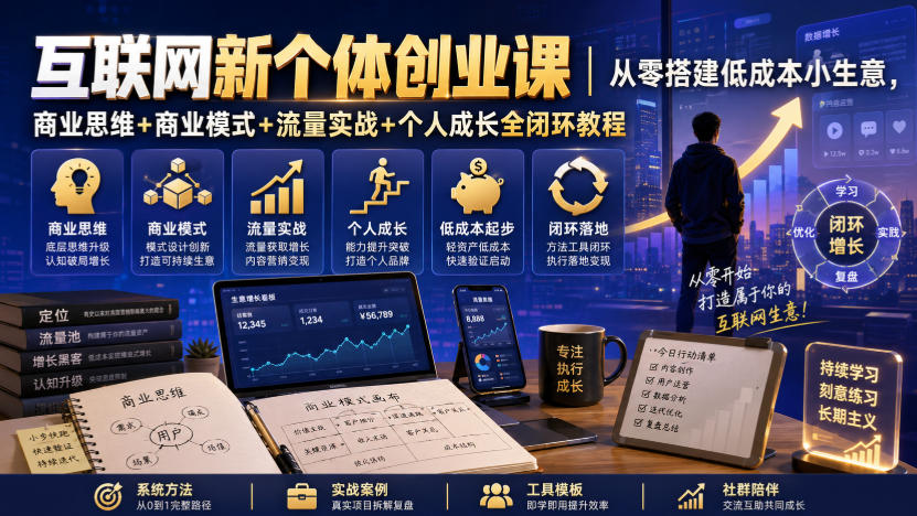 互联网新个体创业课|从零搭建低成本小生意,商业思维+商业模式+流量实战+个人成长全闭环教程网创吧-网创项目资源站-副业项目-创业项目-搞钱项目网创吧